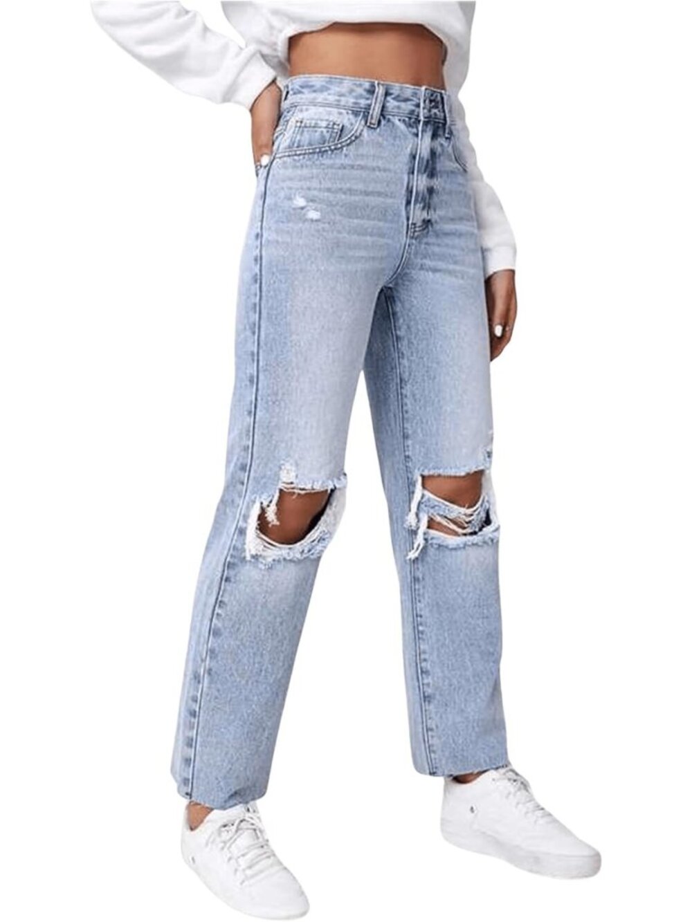 High Waist Ripped Distressed Cropped Denim Jeans for Women - Trendy Casual Style